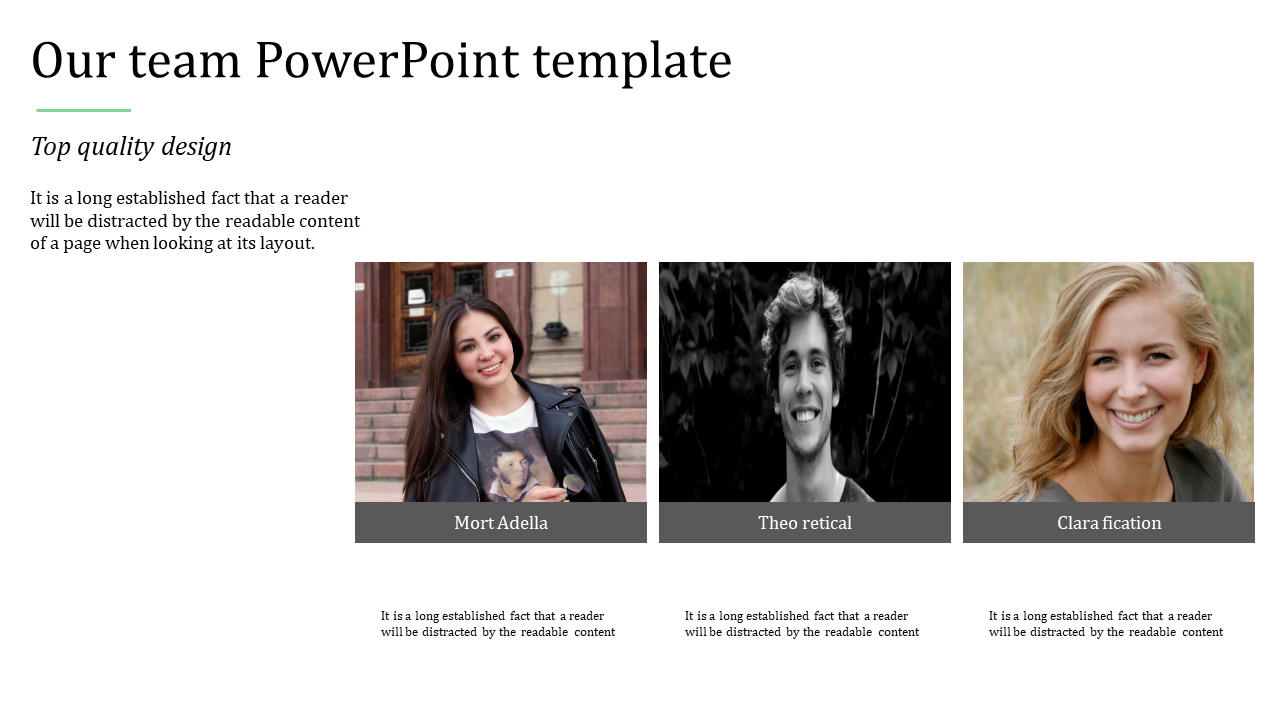 Our team template featuring three profile images, each with a name and description on a white backdrop.