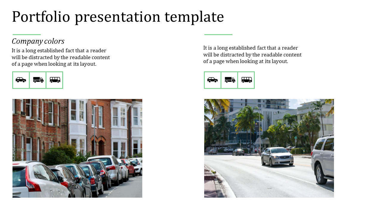 Portfolio presentation template featuring text about company colors, with images of parked cars and a busy street.