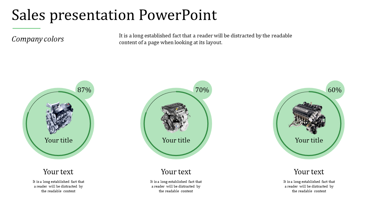 Sales presentation slide with three circular images showing car engines, each with percentages and placeholder text.