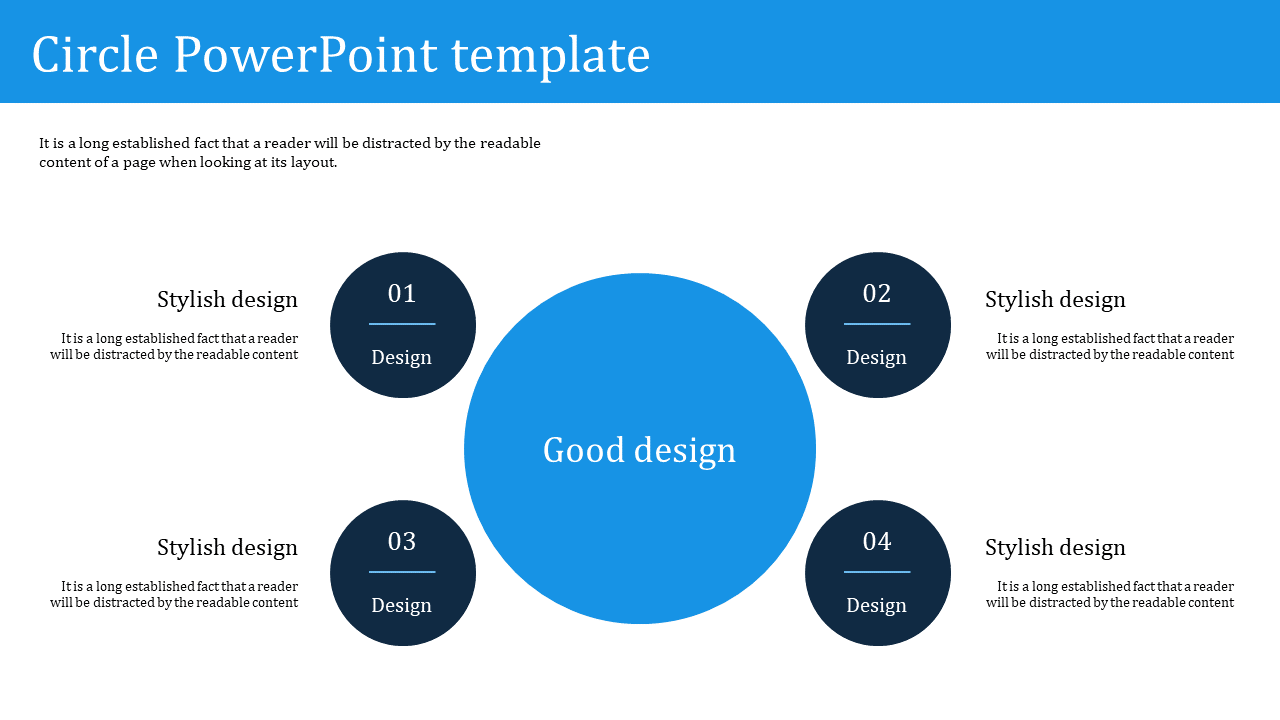 Circle themed slide with a central blue circle and four surrounding numbered circles connected to text descriptions.