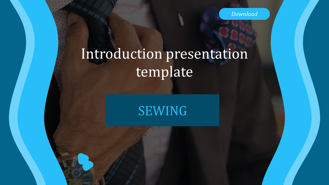 Introduction slide featuring an image of a hand adjusting a tie in the background with blue shaded geometric shapes.