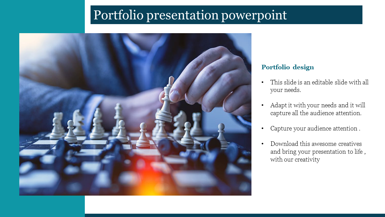 Strategic planning slide with a chessboard image and a text section explaining portfolio design and audience attention.
