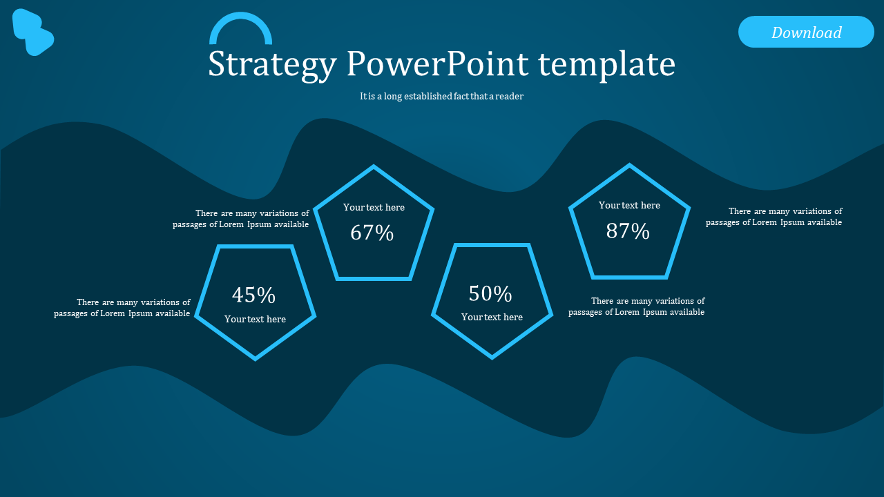 Strategy PowerPoint template featuring four pentagon shapes with percentage values and placeholder text.
