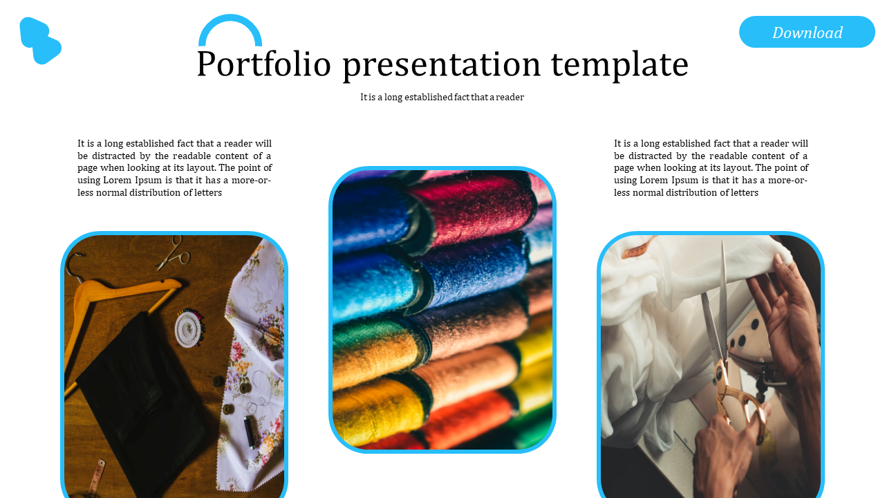 Portfolio slide showcasing three textile industry images, each framed in blue, with placeholder text above.