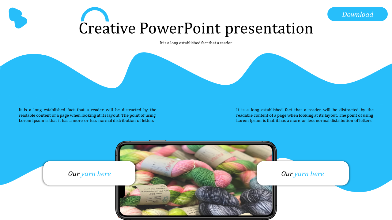 Creative template with a phone displaying colorful yarn images and two text areas on a curved blue and white backdrop.