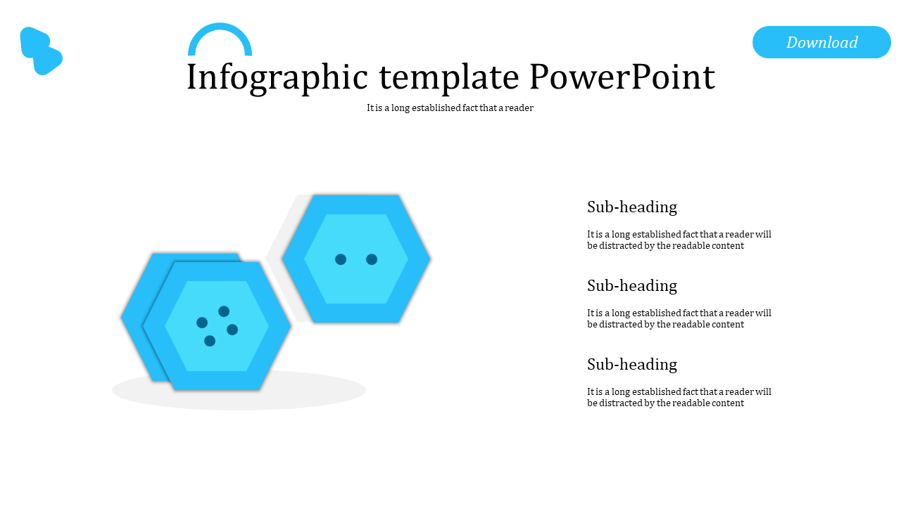 Infographic template featuring two blue hexagons with dots and three text placeholders on the right.