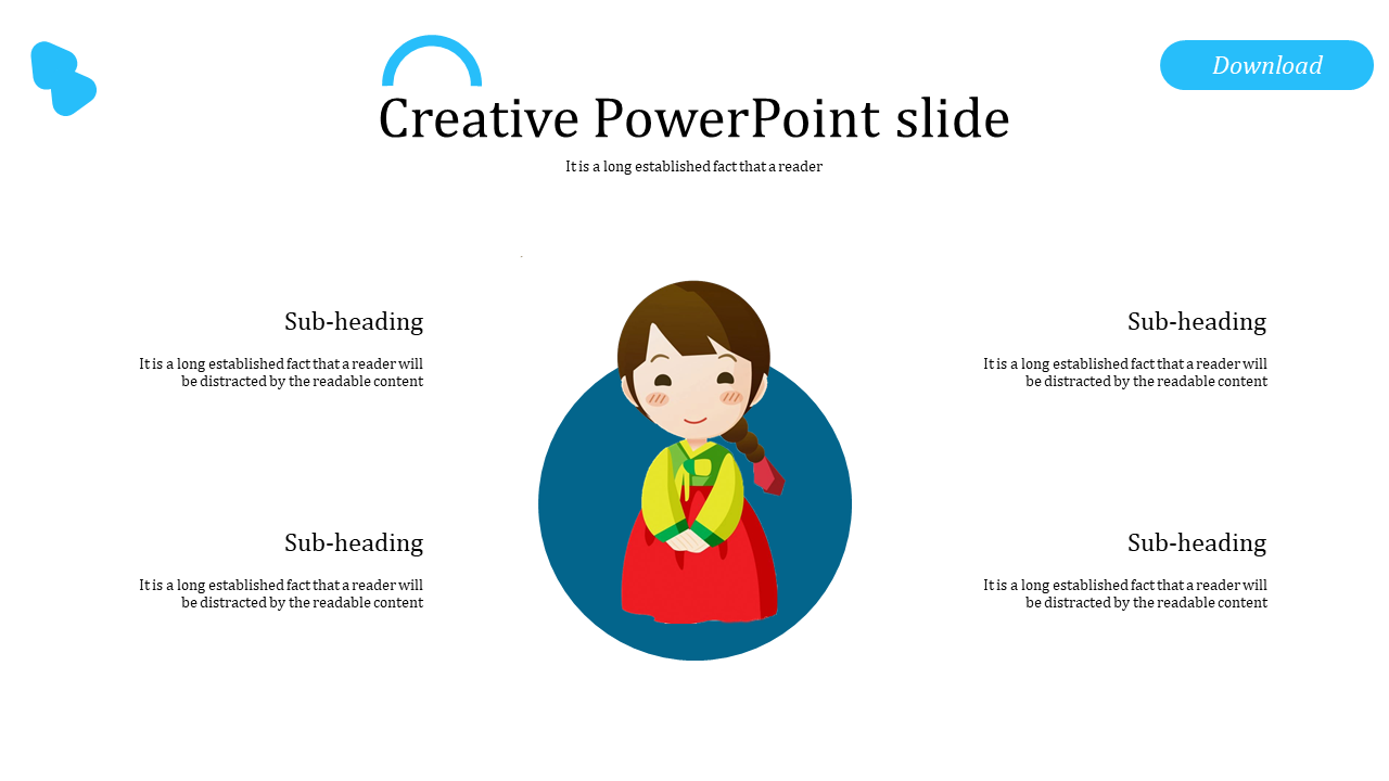 Creative PowerPoint template with a central illustration of a girl and surrounding text areas.