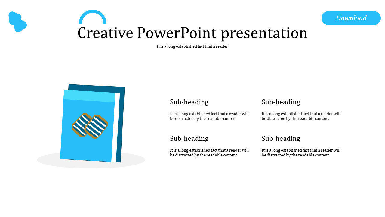 Creative template with an illustration of a book in blue, paired with four captions and a download button on the top.