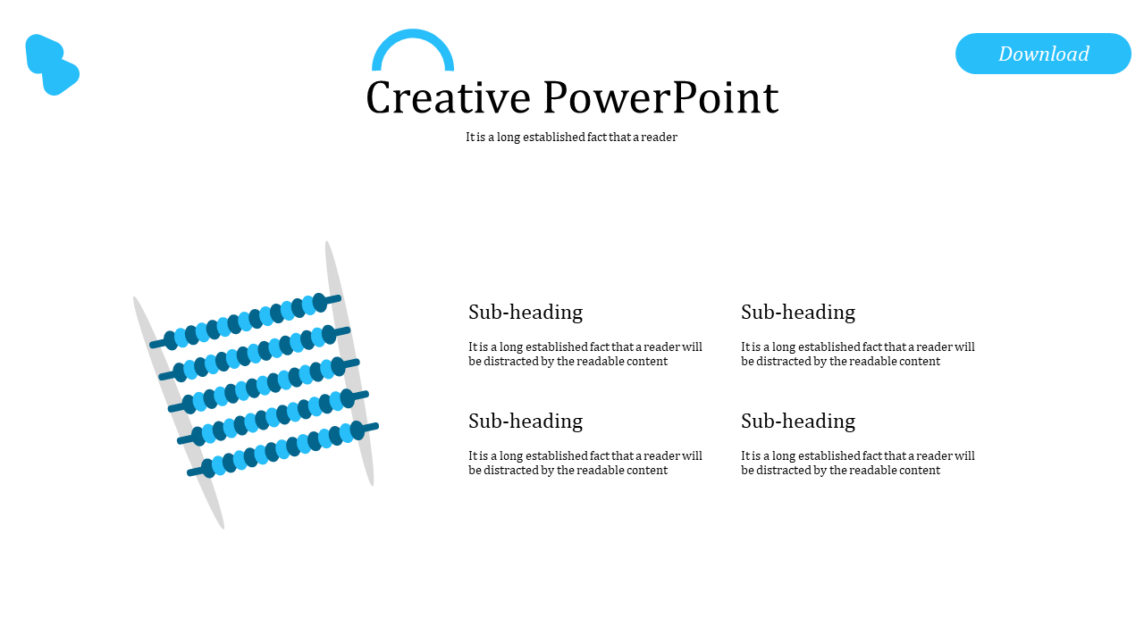 Creative PowerPoint template featuring abacus illustration and subheadings with placeholder text.