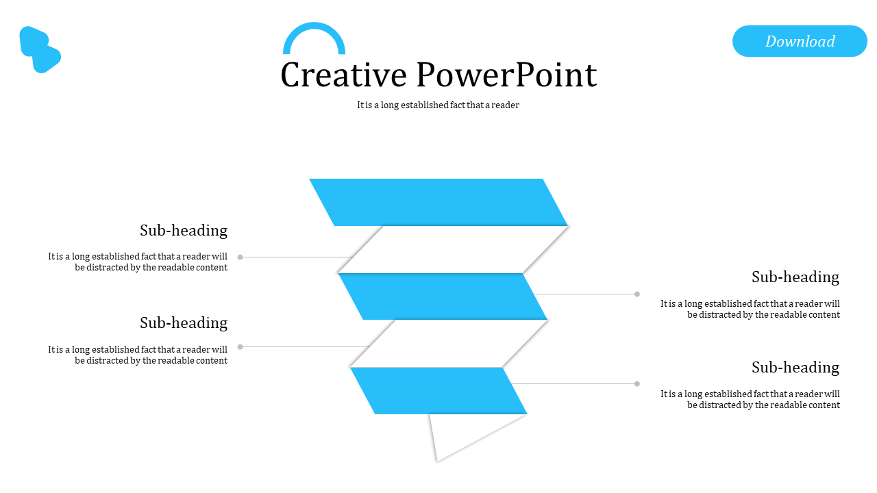 Creative design slide featuring a three-step blue zigzag infographic with text placeholders on both sides.