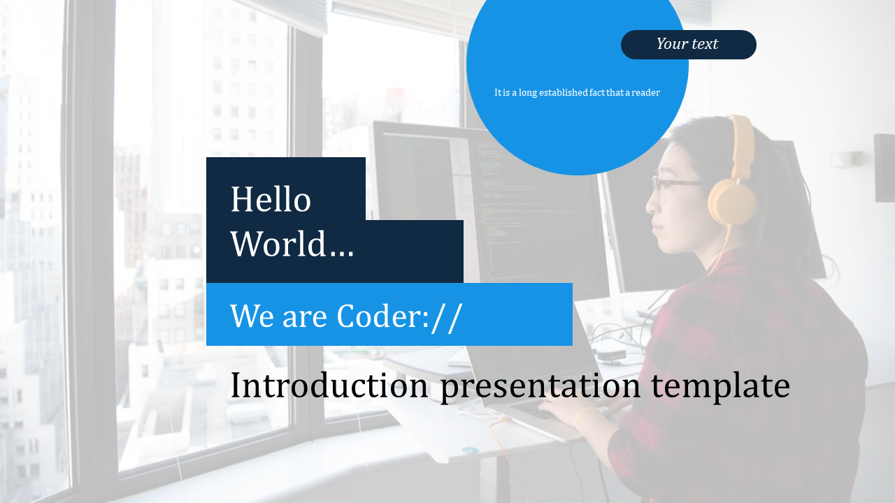 Introduction slide featuring a coder in front of a computer with a blue header displaying text in a white and blue theme.