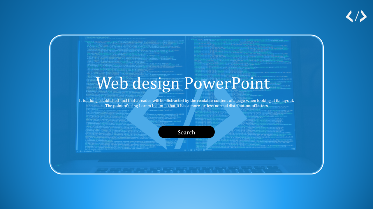 Web design slide with a photo of a laptop and a clean layout featuring the text  in a white and blue backdrop.