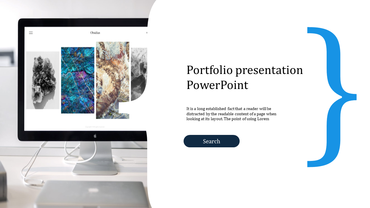 Sleek portfolio presentation layout with abstract images on a computer screen and a blue graphical element on the right.