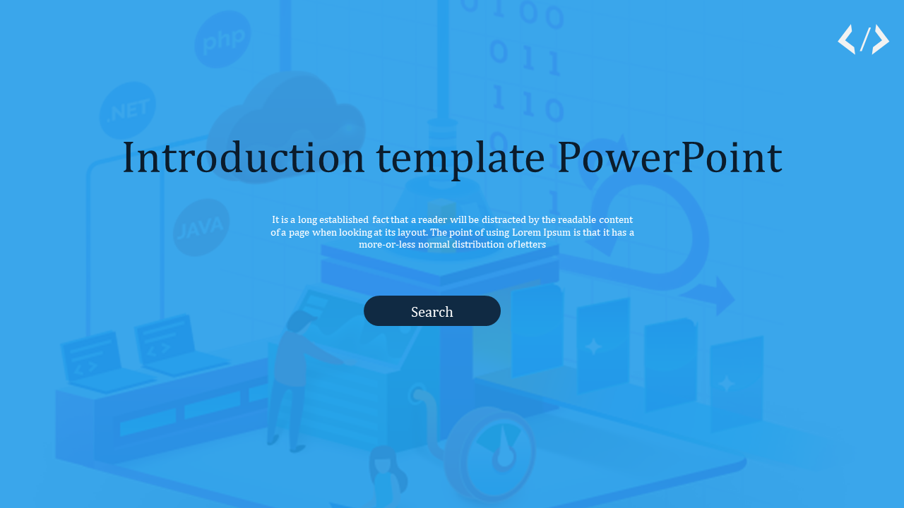 Introduction PowerPoint slide with a blue background, coding symbols, and a person working at a computer.