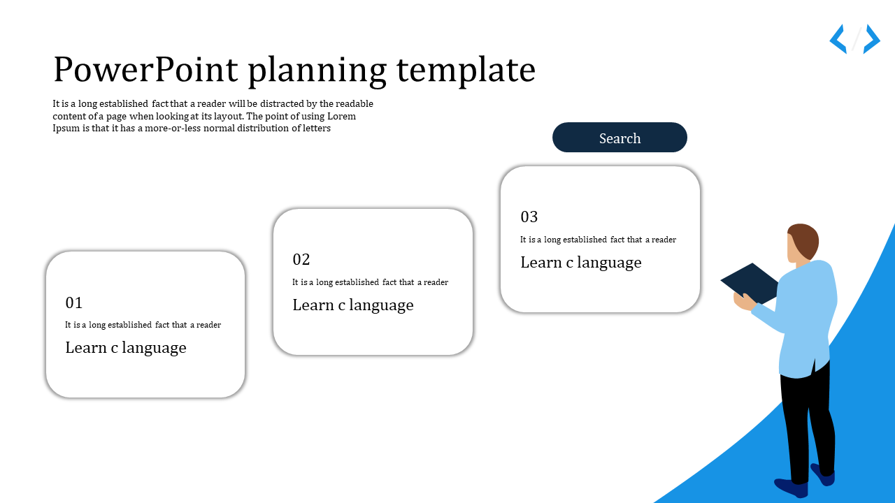 Planning template design with three white boxes in a staggered layout, a button at the top, and a business style illustration.