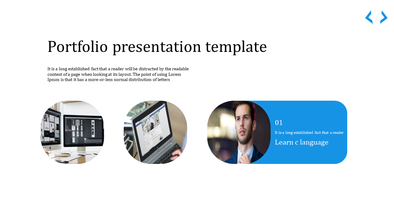 Portfolio presentation template with circular images of a computer screen, laptop, and a person thinking.