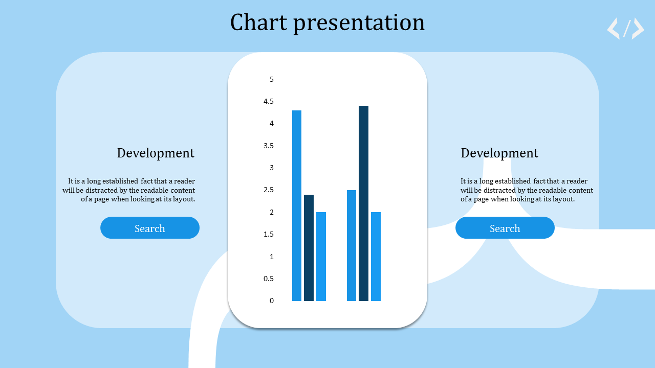 Bar chart slide template with a blue background, illustrating development data with search options beside the graph.