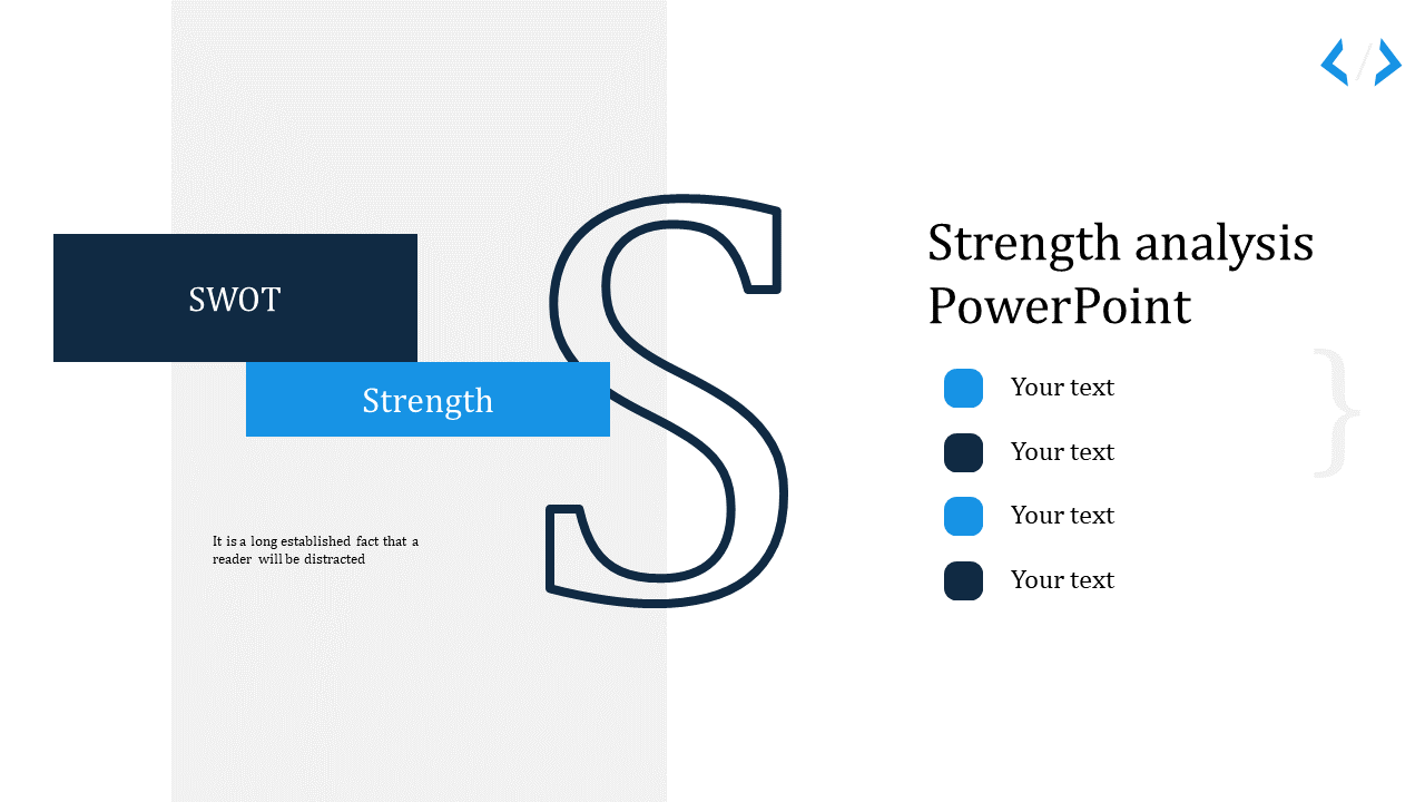 SWOT slide with Strength focus, featuring bold outline, dark and blue text boxes, and bullet points for key points.