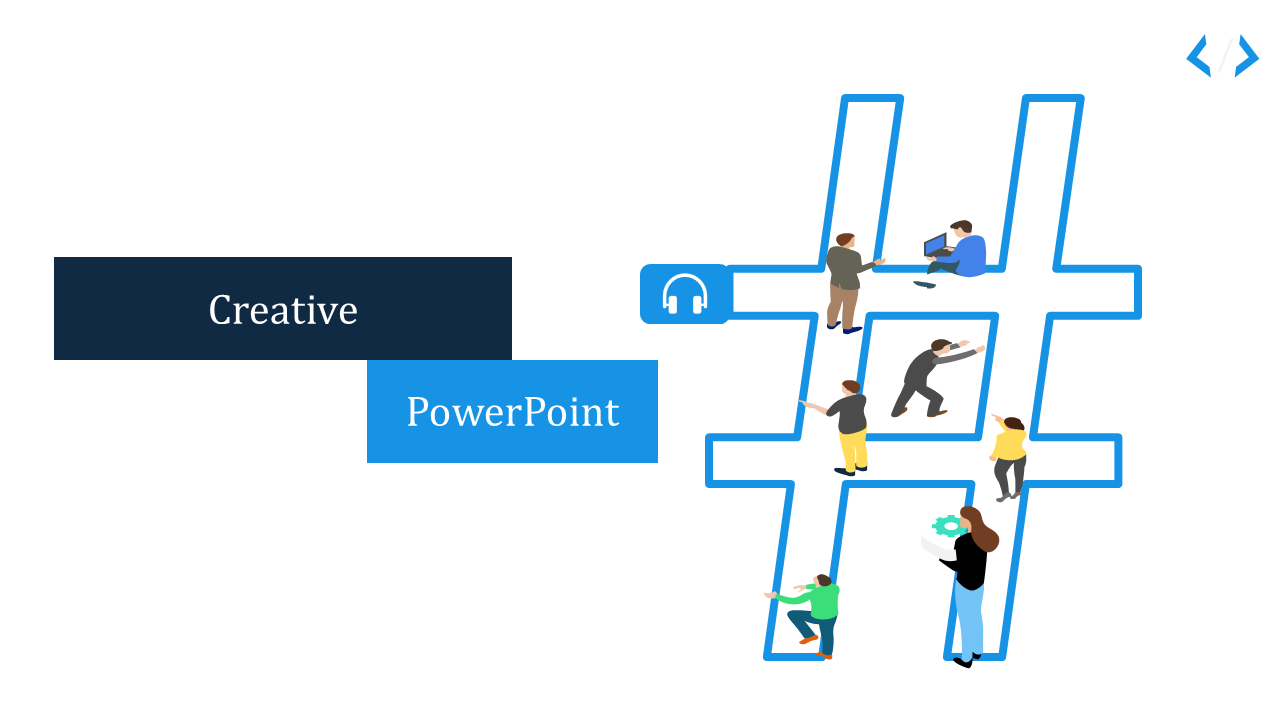 Creative slide with a large blue hashtag symbol, people interacting with it, and dark and blue text banners on the left.