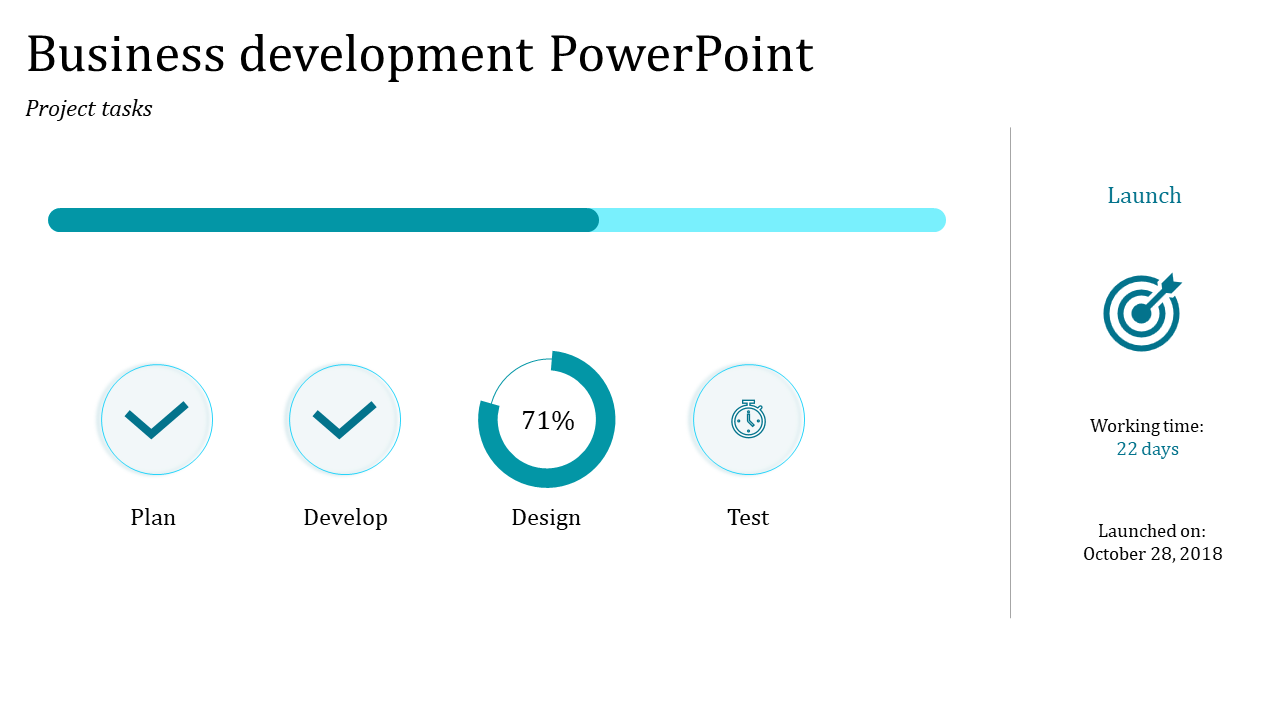 Business development project progress slide with a horizontal progress bar, four task icons, a circular progress indicator.