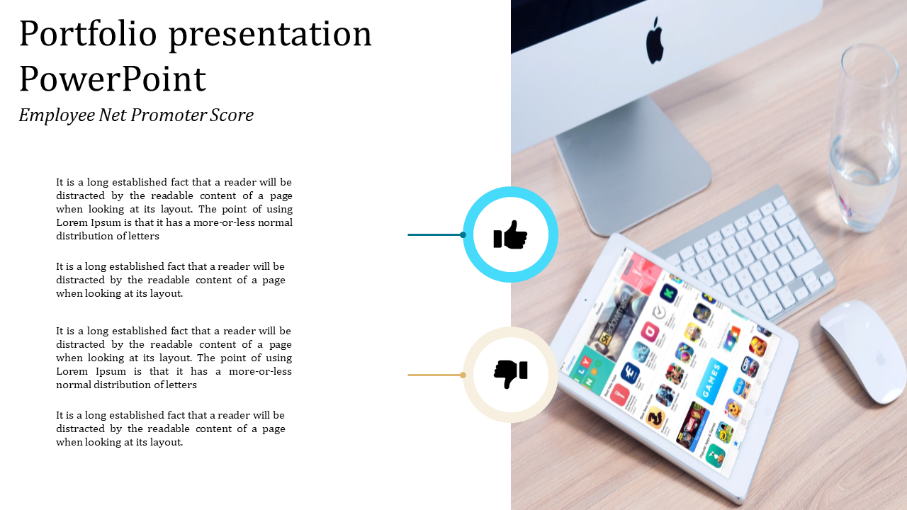 Portfolio slide featuring a structured text section on the left and a workspace image with a tablet on the right.
