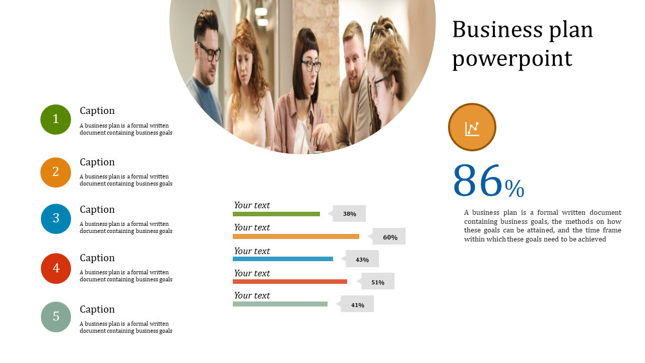 Business plan PowerPoint template featuring team discussion and progress bars for business goal tracking.