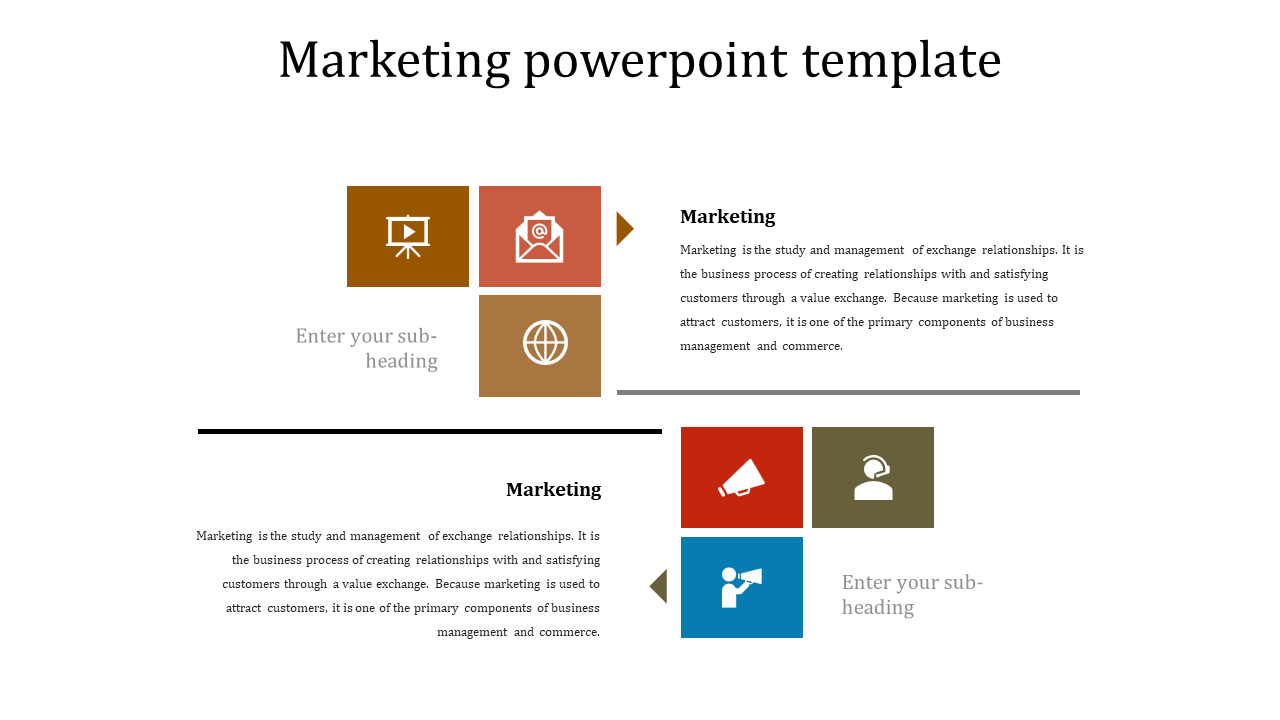 A marketing themed template with icons representing communication, email, and networking, paired with text blocks.