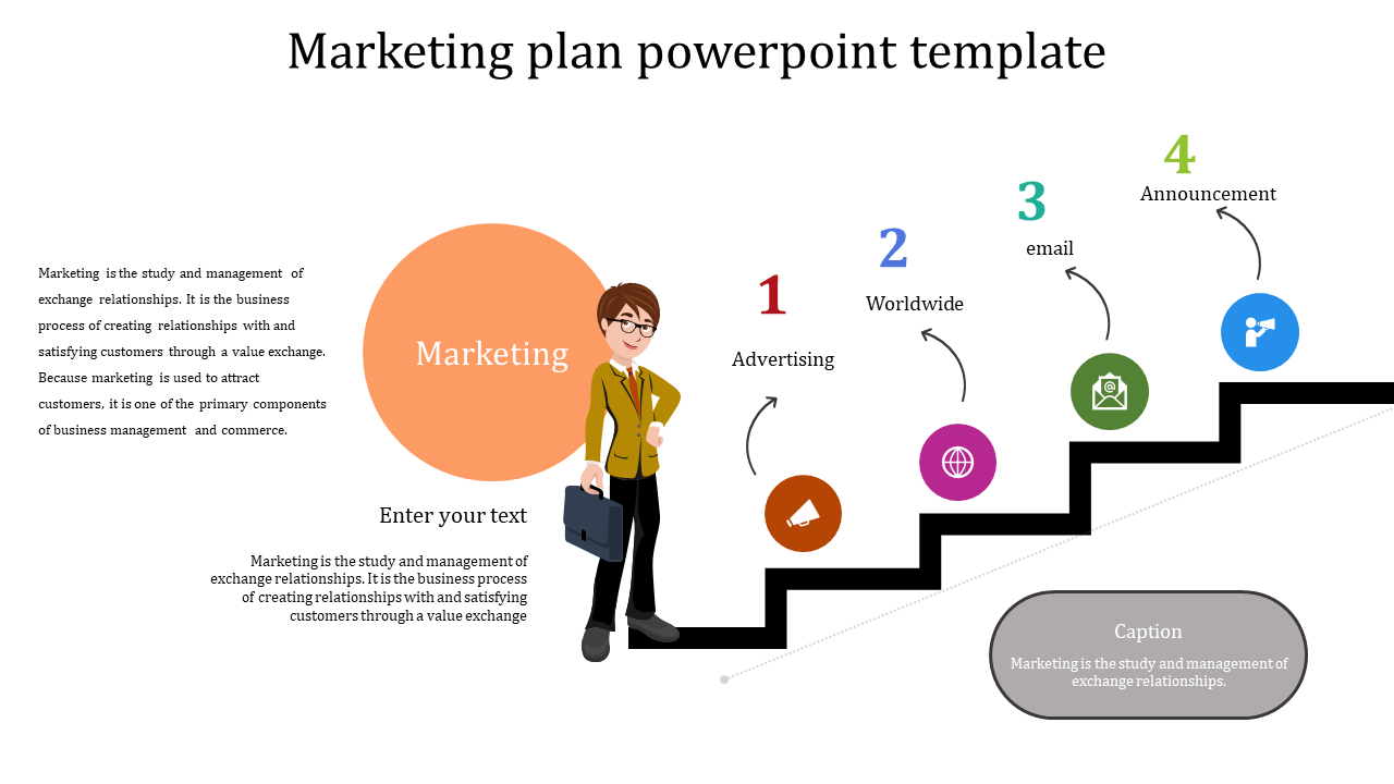 Colorful marketing plan template with a person beside a staircase, showing steps and icons in red, pink, green, and blue.