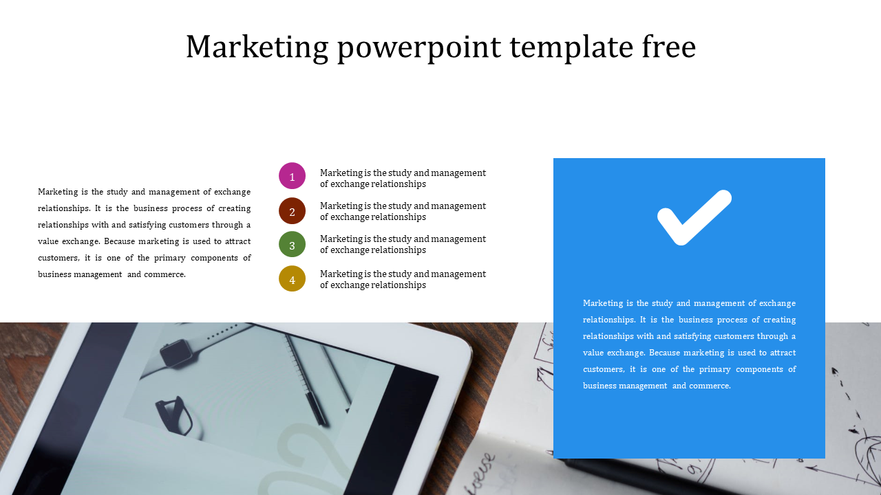 A marketing PPT slide with four numbered points about marketing principles and a checkmark icon with an image.