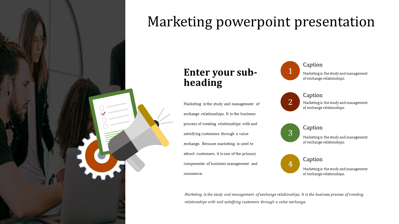 Business slide combining an image, infographic elements, and a structured text section focusing on marketing concepts.