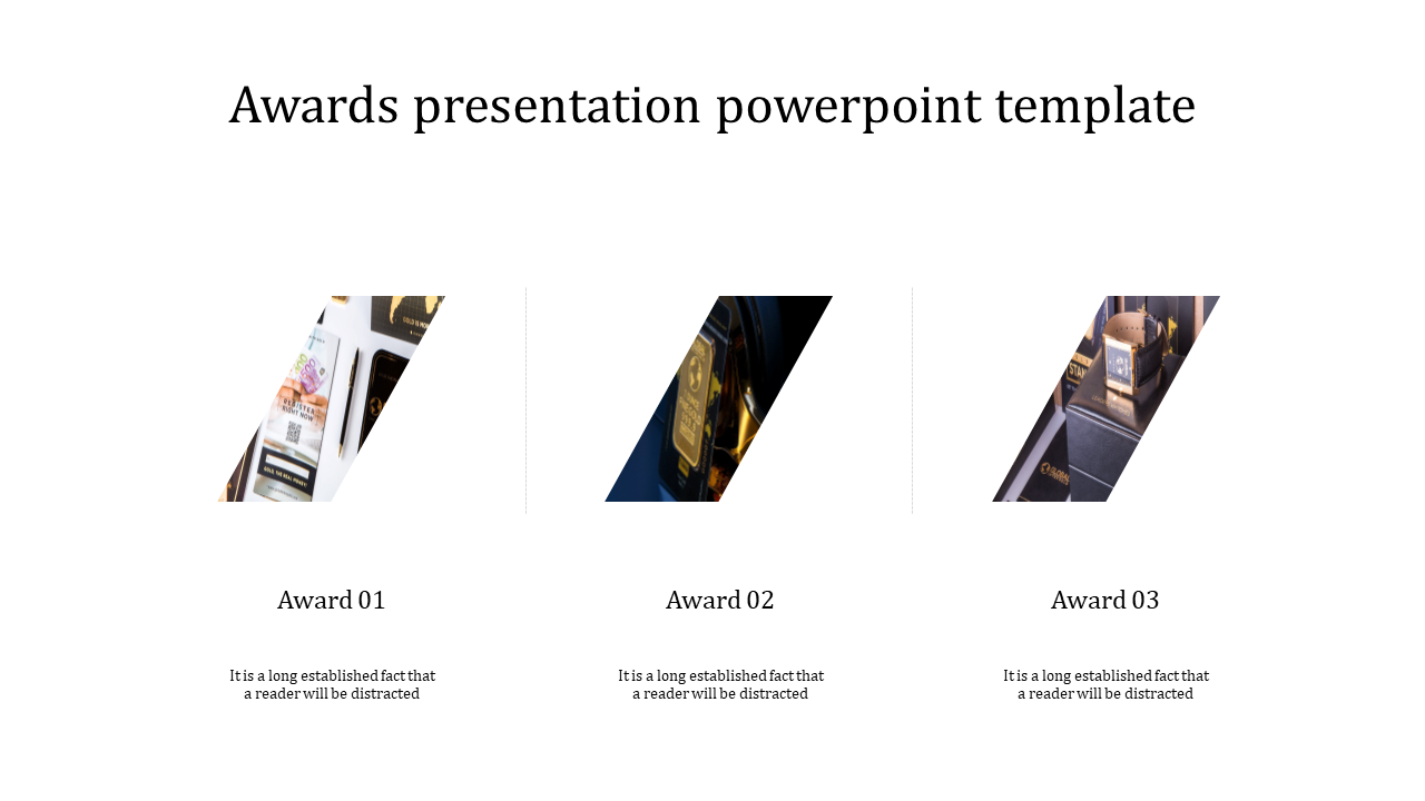 An awards presentation template with three images of trophies and a description beneath each, labeled with different awards.