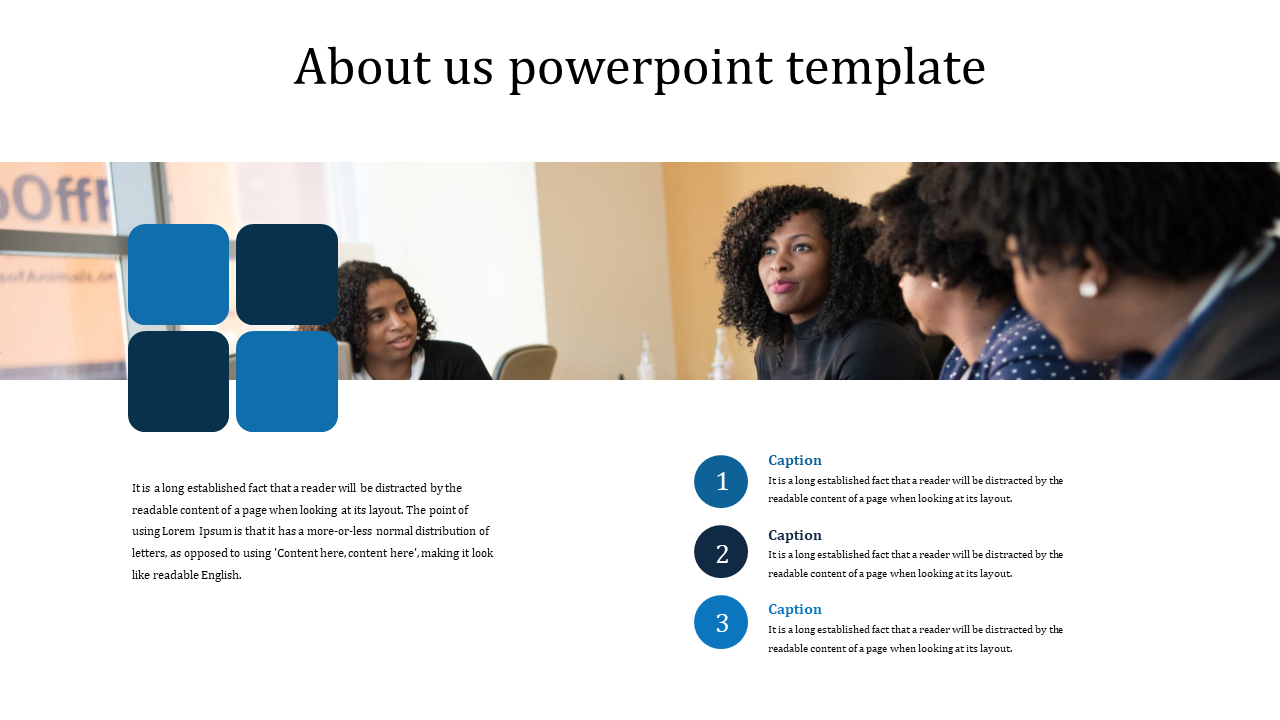 About us template with a team discussion image, four blue square graphics on the left, and three captions areas.