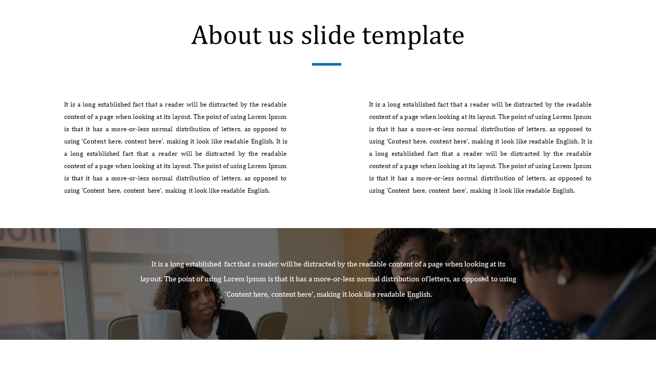 About Us slide featuring two columns one with text blocks and the other with an image of two people in a discussion.