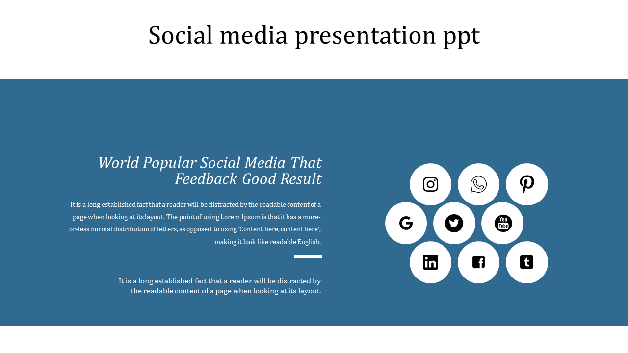 Social media icons layout with Instagram, Twitter, Facebook, and more in white circles on a dark blue background.