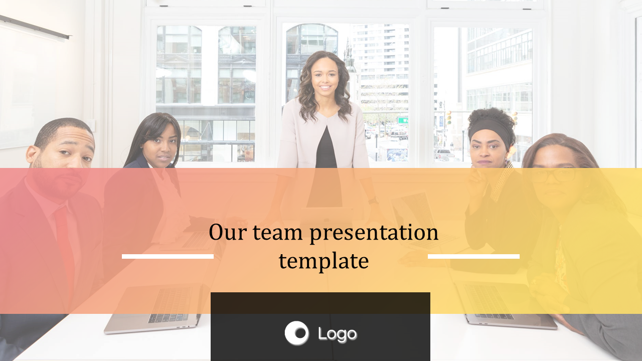 Team introduction slide featuring a group of diverse individuals with a gradient color overlay and a logo placeholder.