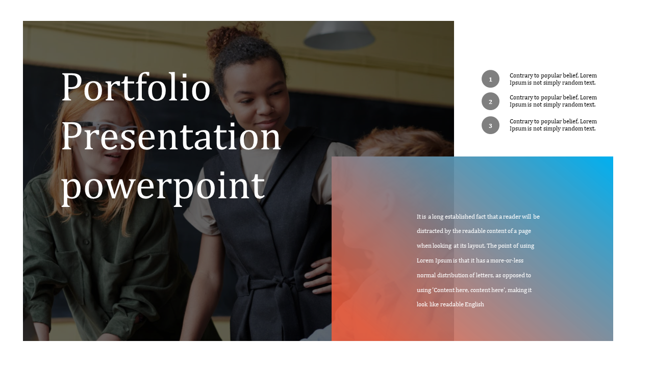 A portfolio PPT slide showing a group of people working together with a gradient text box for key points and placeholders.