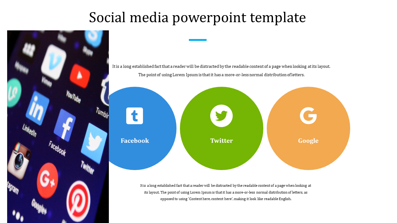 Social media engagement slide displaying a smartphone screen with app icons and three circles representing key platforms.