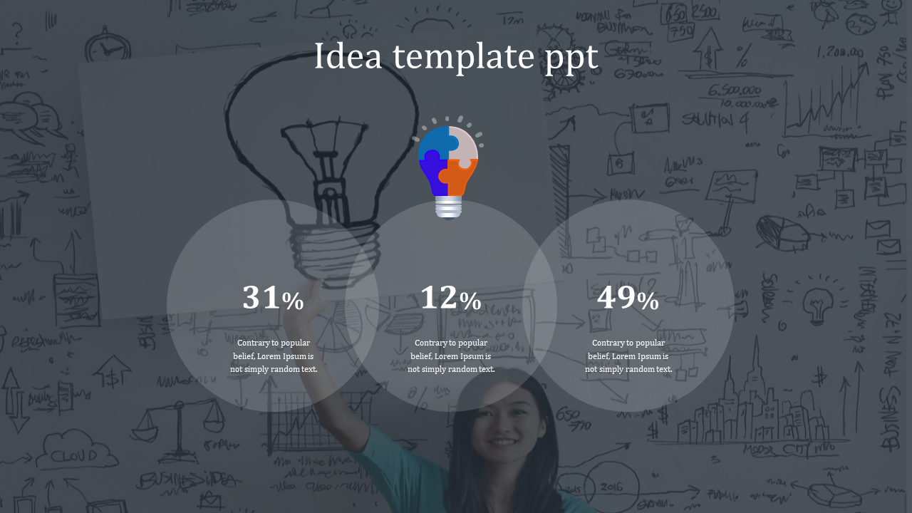 Creative idea template with a background of hand-drawn business sketches, a person holding a light bulb sketch,.