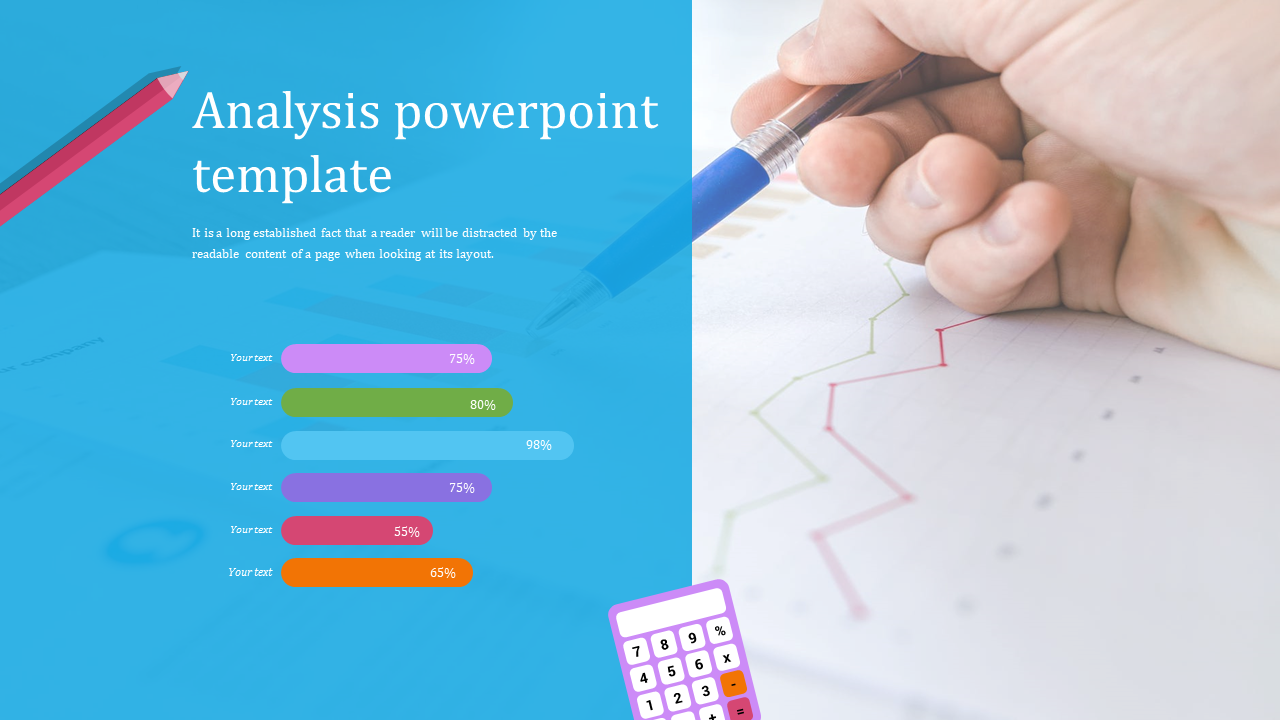 Analysis slide featuring progress bars in various colors and a background of a person writing on a report.