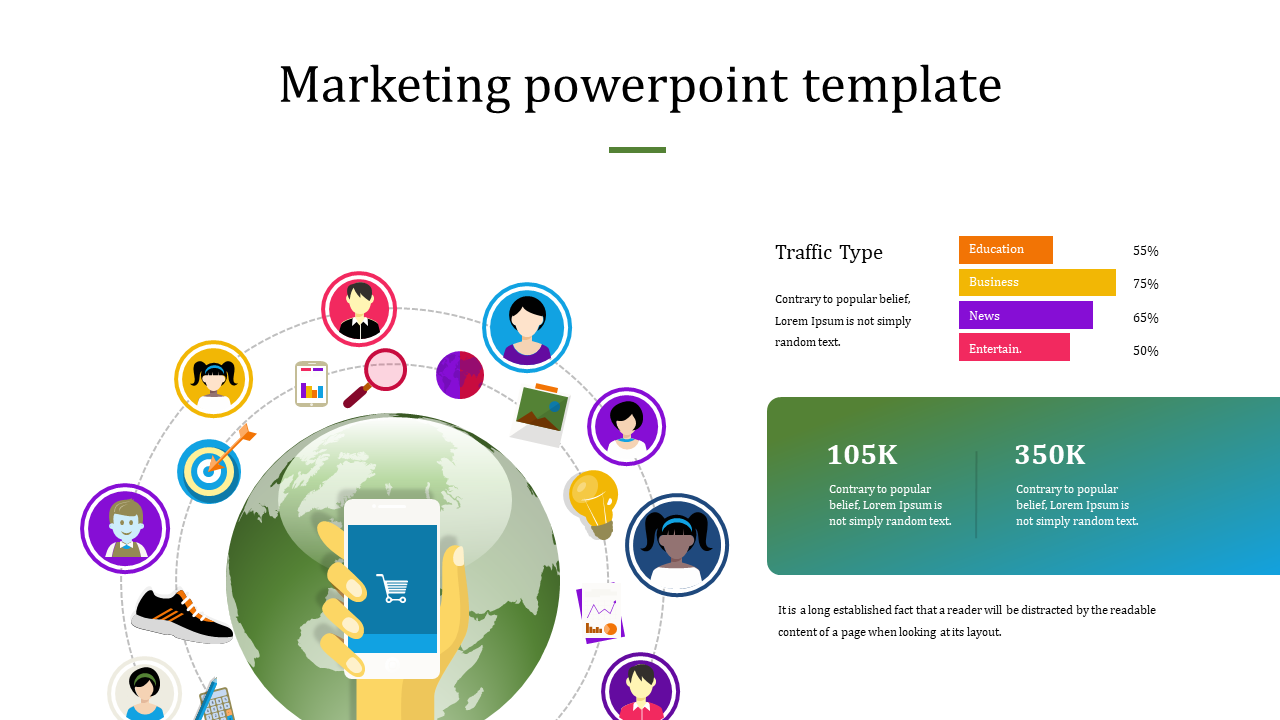 Digital marketing infographic with a smartphone at the center, user avatars, icons, and a gradient traffic type comparison.