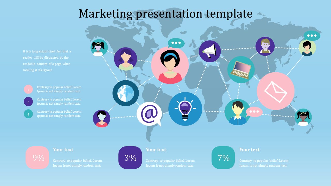 Slide featuring world map with interconnected icons, showcasing global marketing themes with percentages and captions.