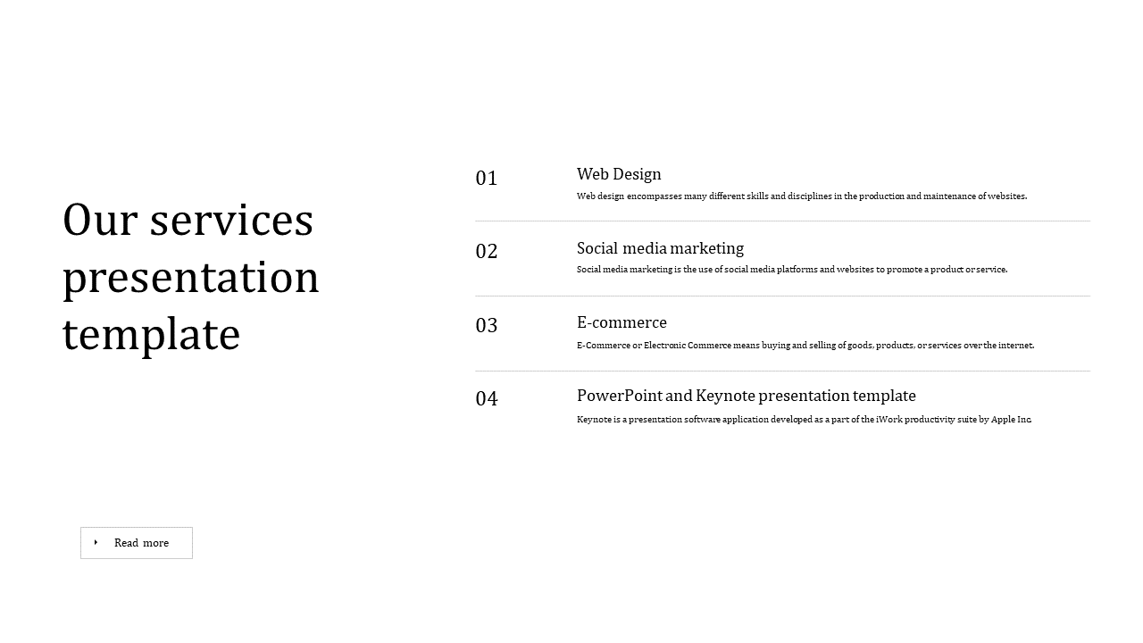 Clean services layout featuring a large heading and a structured list on the right, detailing four digital services.