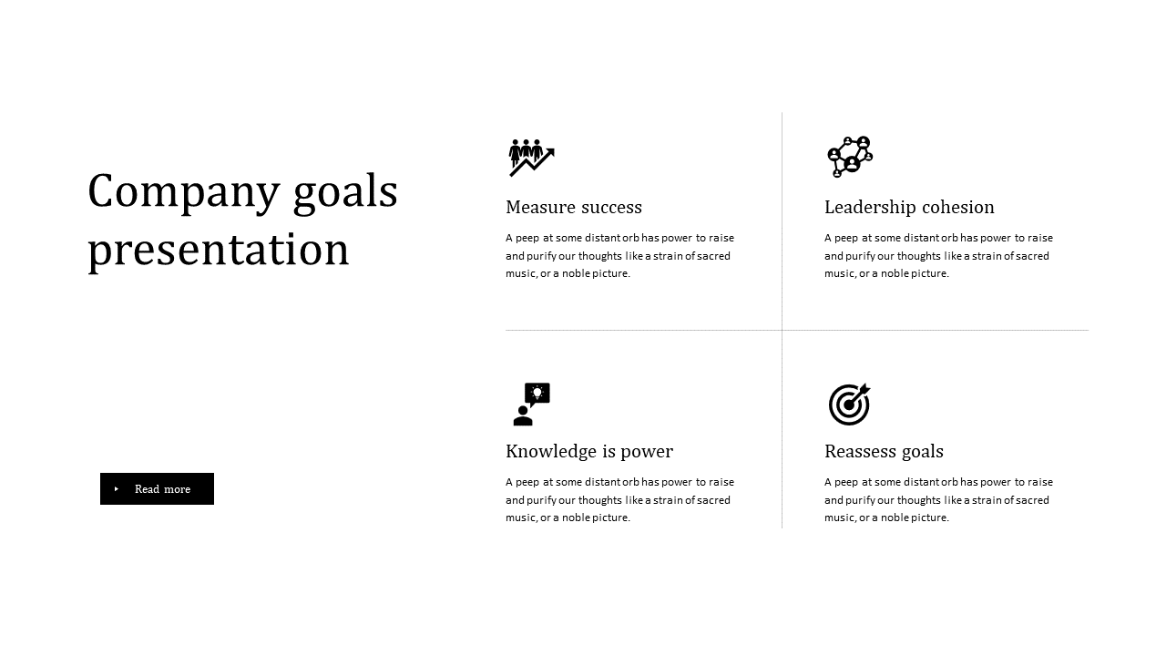 Template displaying company goals with four black icons and text blocks in a grid format on a white background.