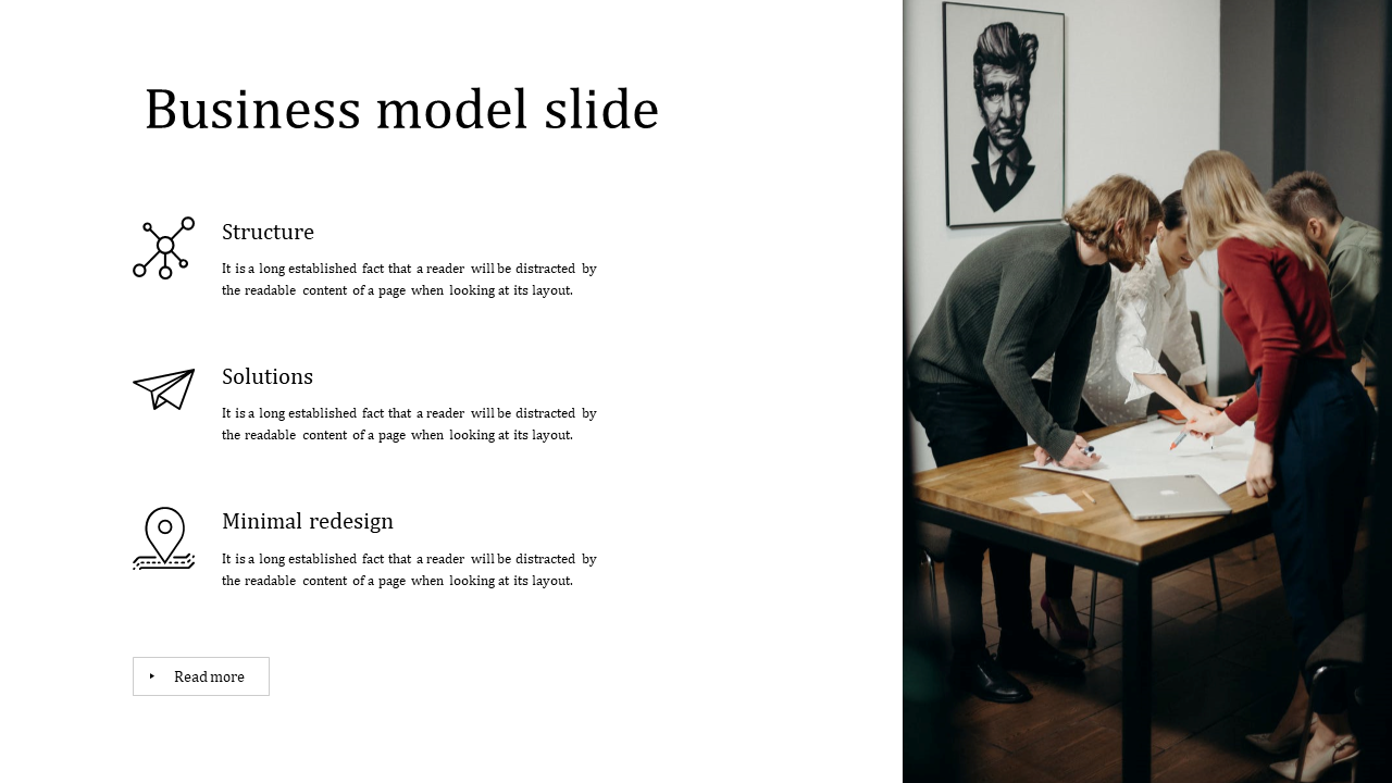 Business model slide with three icons and descriptions on the left, and a team collaborating at a table on the right.