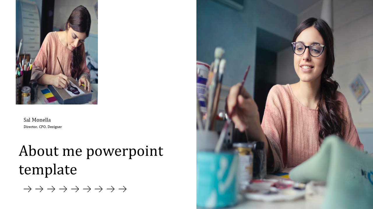About me template with a split layout, showing two images of a woman painting on the right and left, alongside text. 