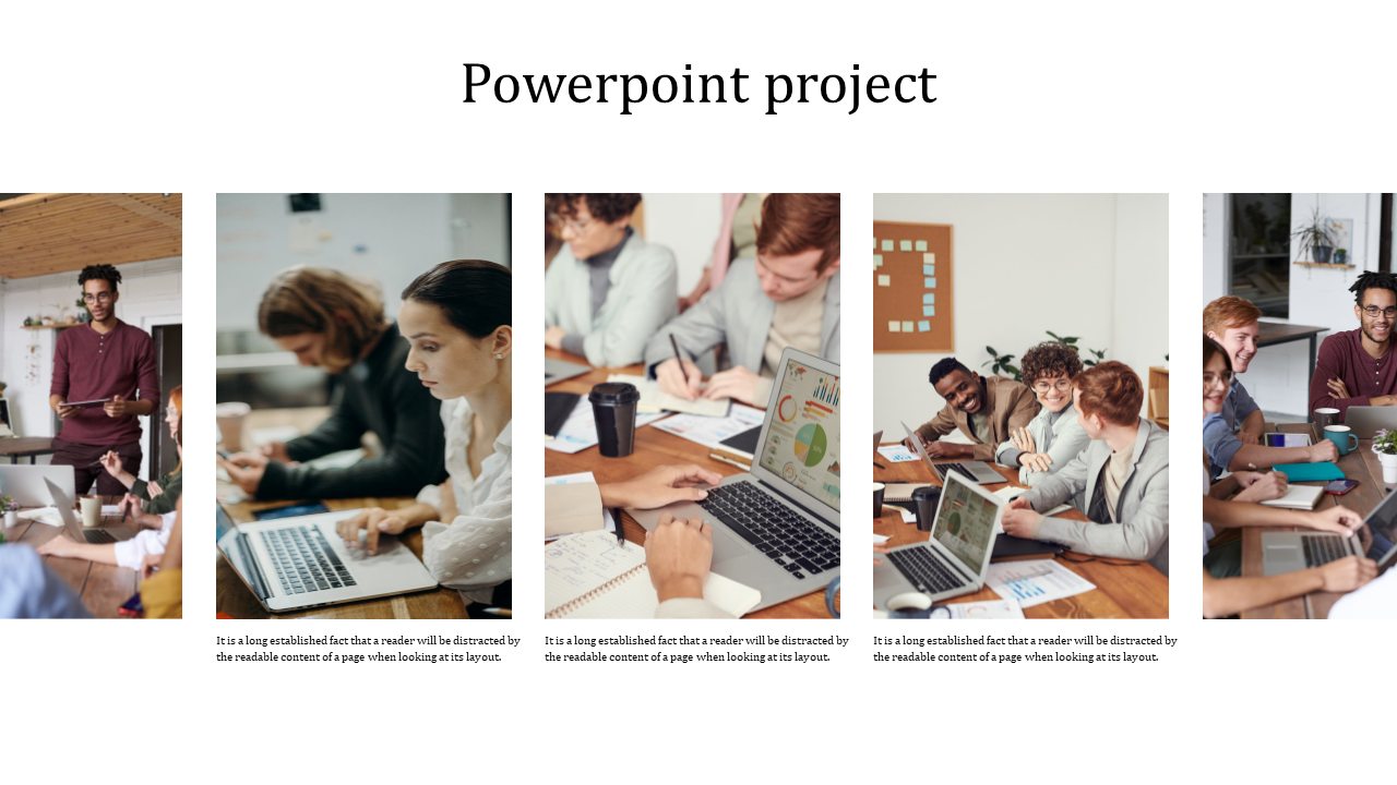 Project PPT template with four images of people working together on laptops in a collaborative office setting.