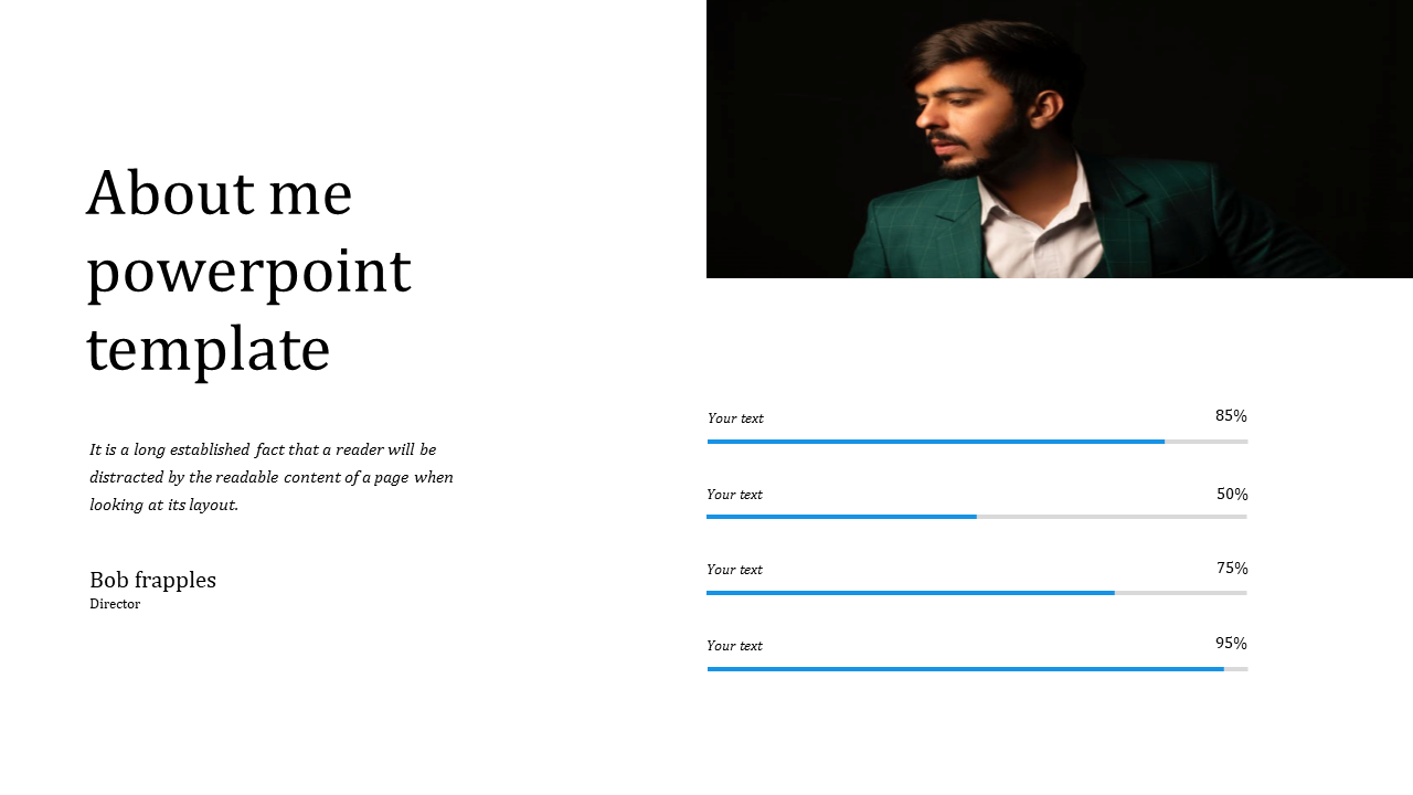 About me slide with text on the left, a portrait of a man in a dark suit on the right, and blue progress bars below.