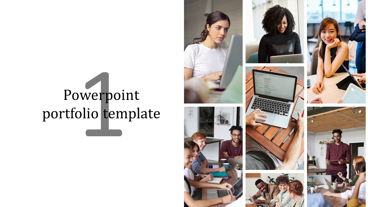 Portfolio PPT template showing a diverse team of people working on laptops in various settings.