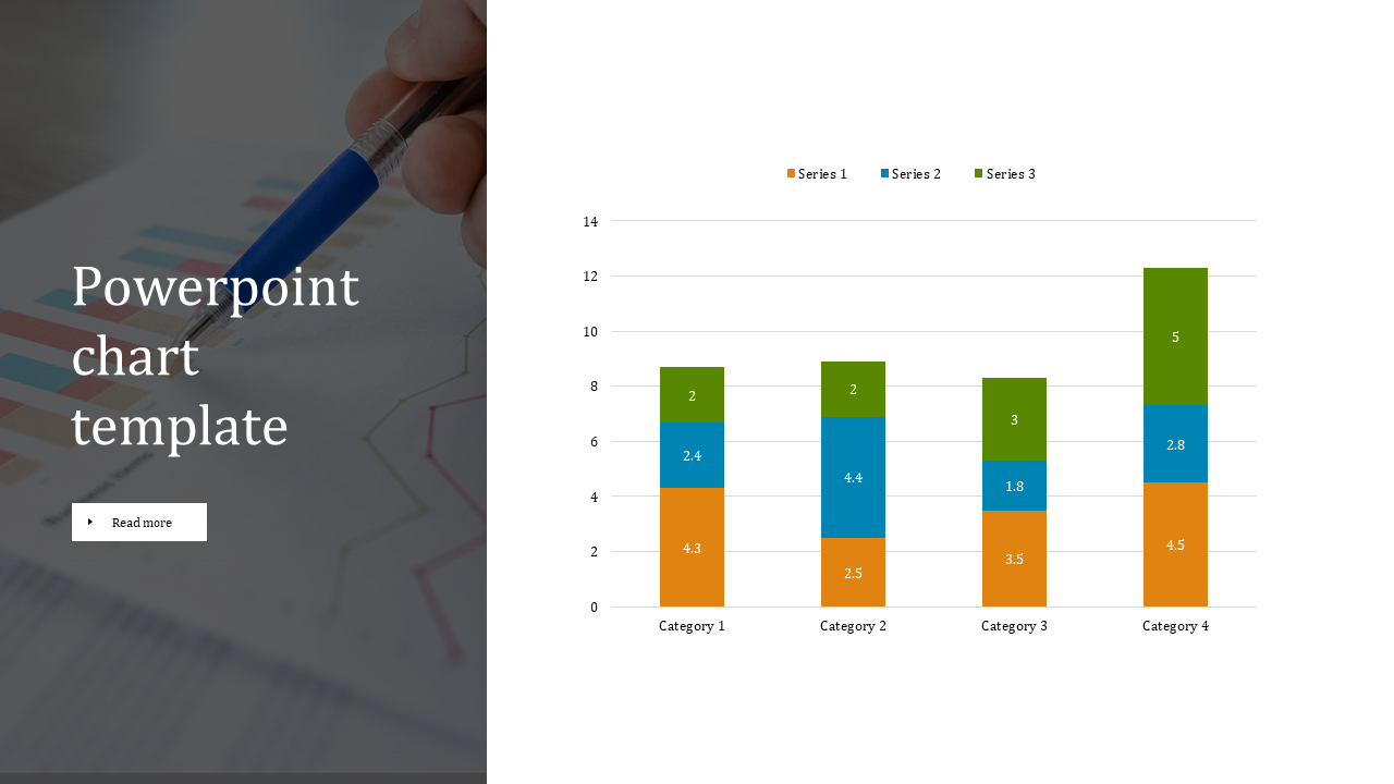 Chart template with a split layout, featuring a stacked bar chart on the right and a dark overlay with text and a button.
