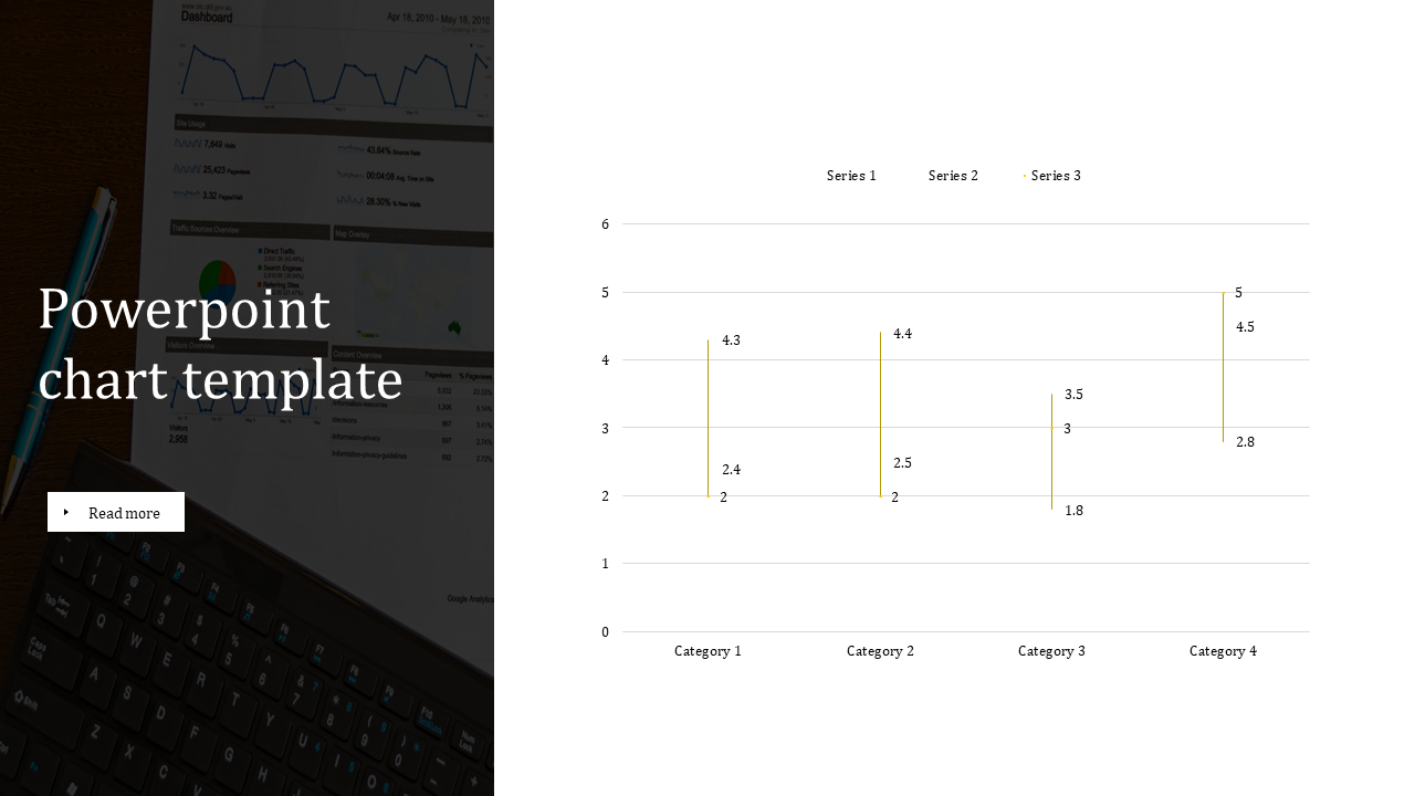 Chart template with a split layout, featuring a minimalistic vertical line chart on the right and a dark overlay with text.